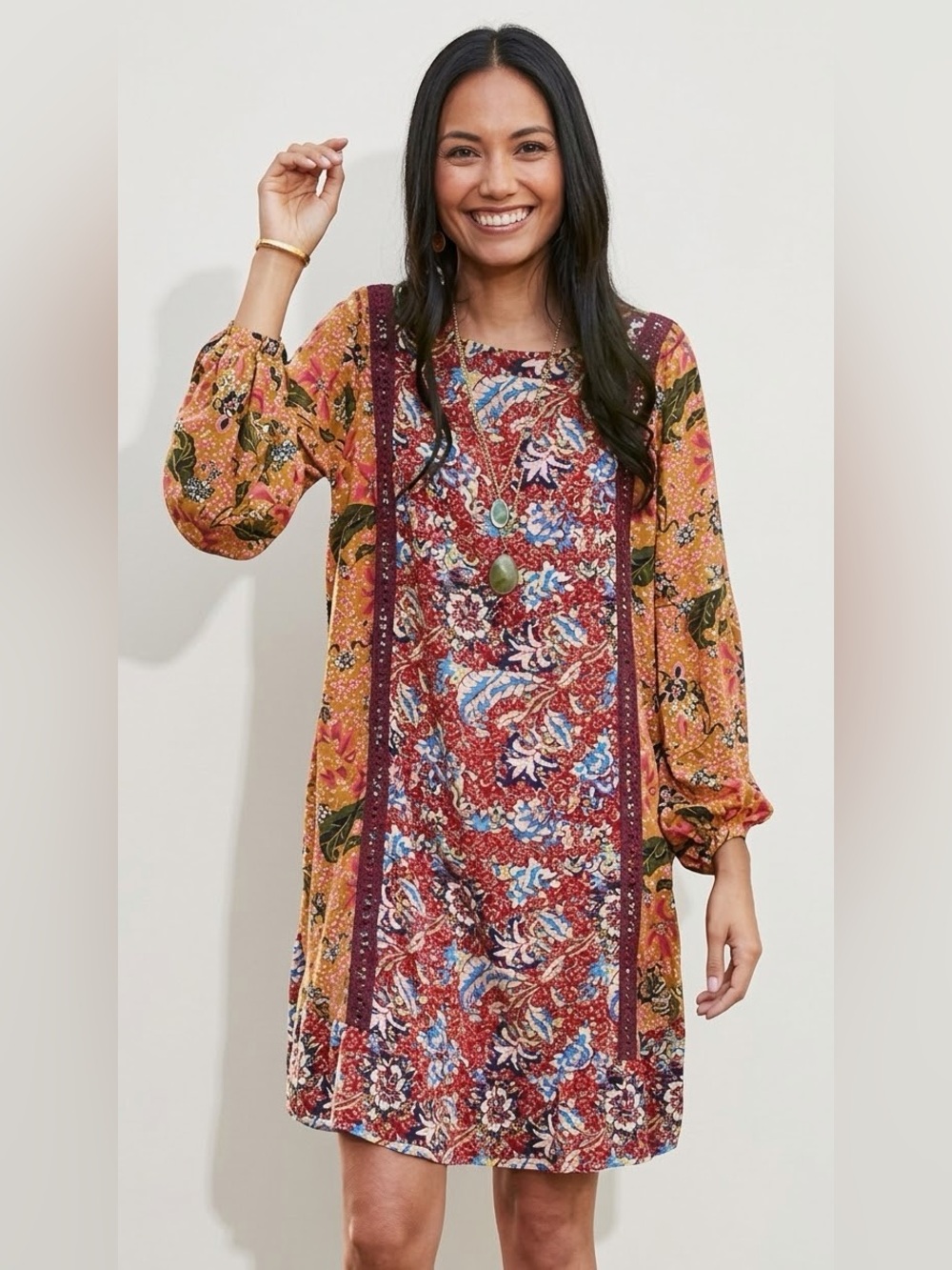 Matilda Jane Lovely Menagerie Dress Orange & Burgundy Boho Long Sleeve Medium